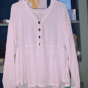 white, babydoll sweater, brown buttons, thin/light